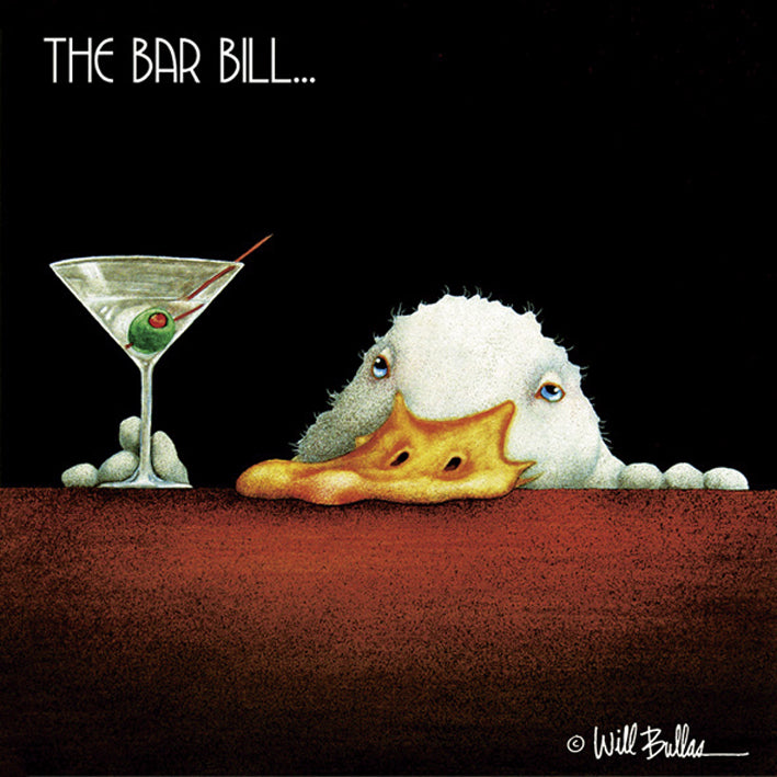 Eine Papierserviette mit einer Illustration einer Ente, die an einer Bar neben einem Martini sitzt.
