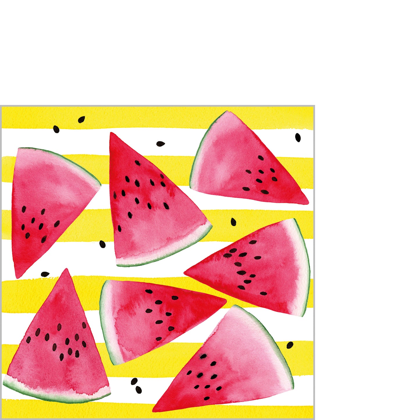 Eine Papierserviette mit einem Muster aus Wassermelonenstücken auf gelb-weiß gestreiftem Hintergrund.