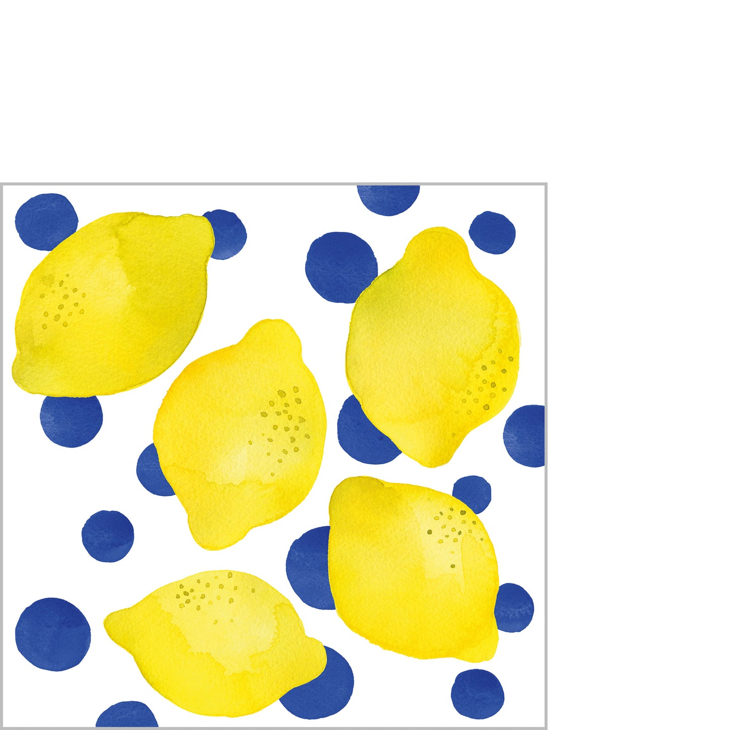 Eine Papierserviette mit einem Muster aus gelben Zitronen und blauen Punkten auf weißem Grund.