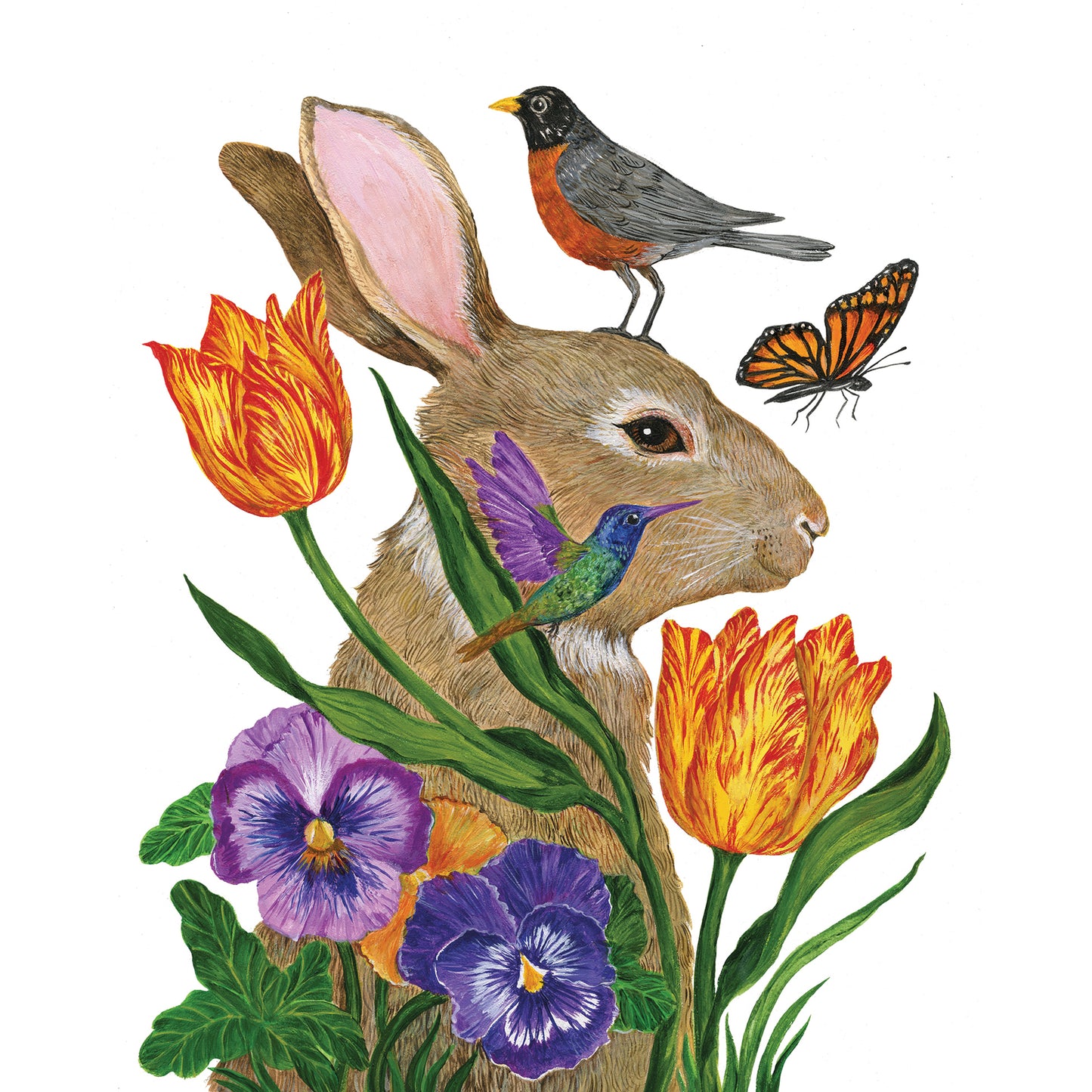 Eine Serviette mit einem Hasen, der von einem Vogel, einem Kolibri und Blumen umgeben ist.