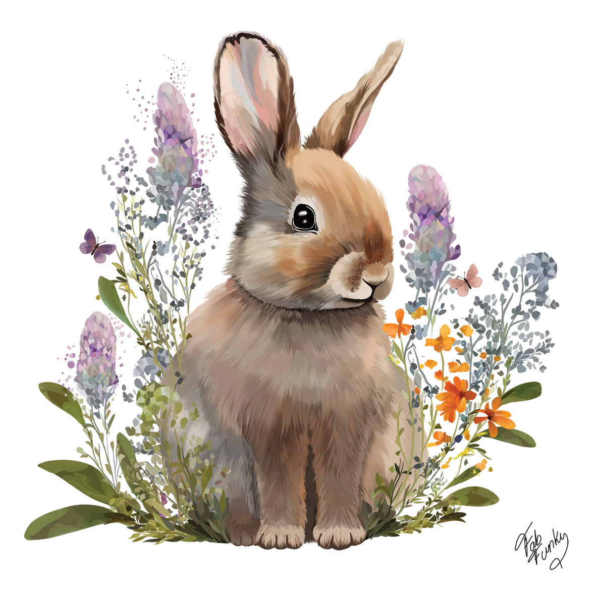 Eine Serviette mit einer Illustration eines braunen Hasen umgeben von Blumen und Schmetterlingen.