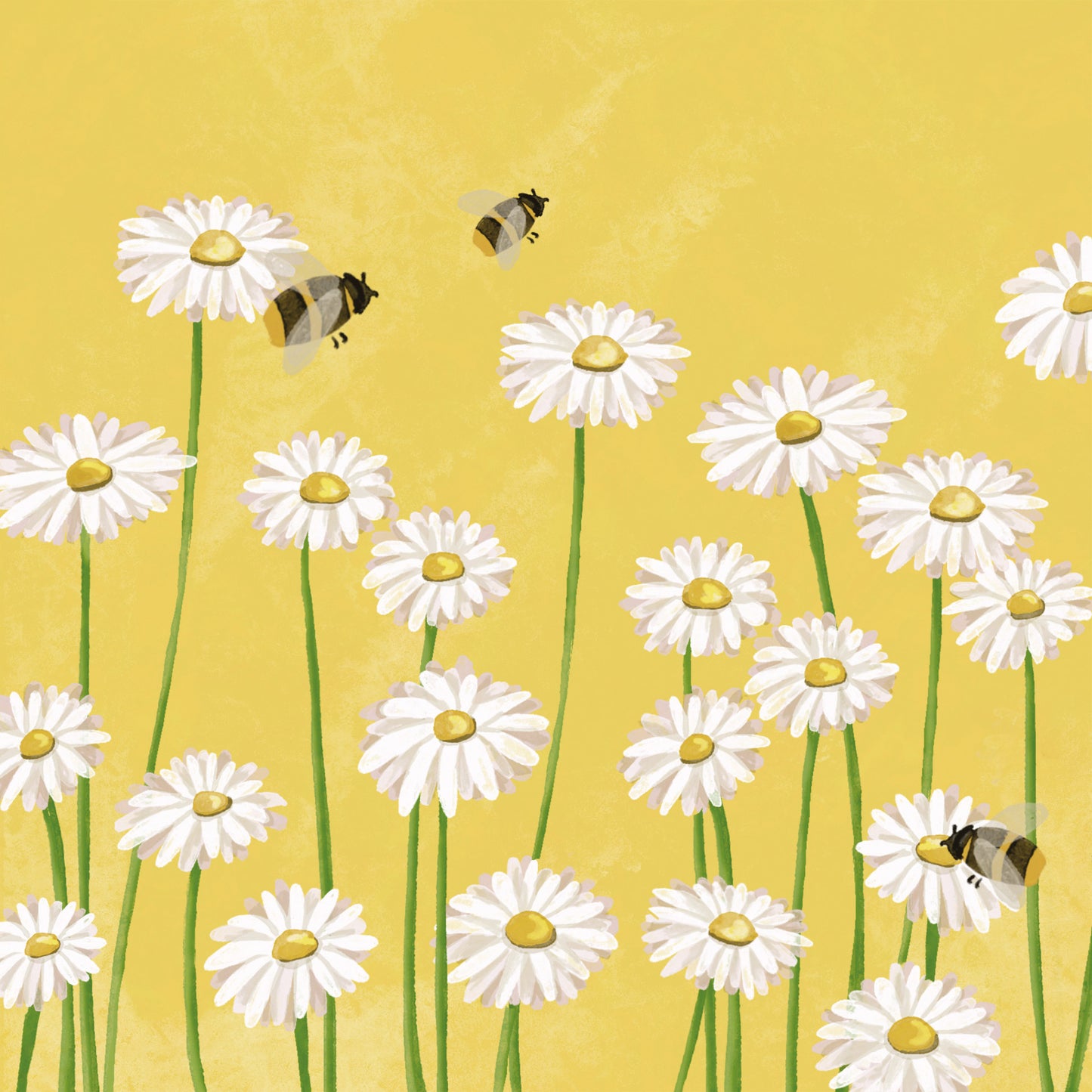 Eine Papierserviette mit einem Muster aus weißen Gänseblümchen und fliegenden Bienen auf gelbem Grund.