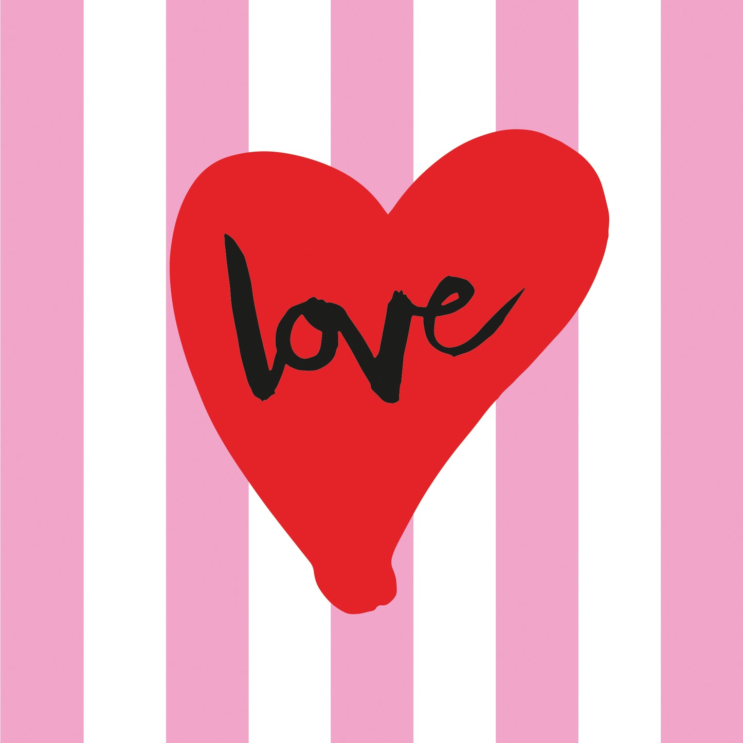 Eine Papierserviette mit einem roten Herz und dem schwarzen Schriftzug Love auf rosa Streifen.