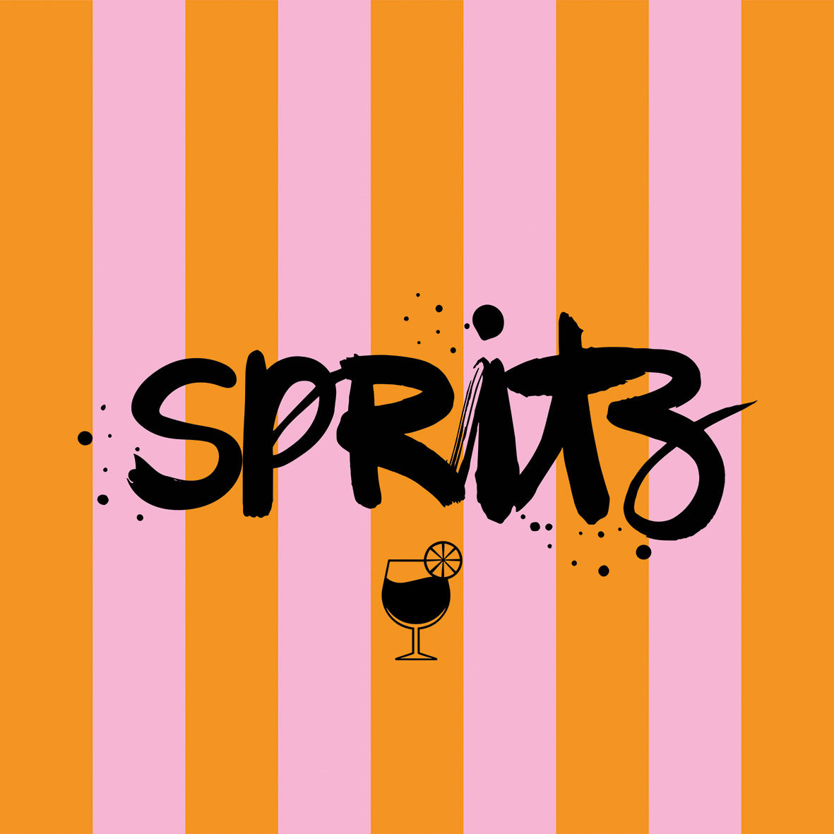 Eine Papierserviette mit dem Schriftzug Spritz und einem Cocktail-Symbol auf orange-rosa Streifen.