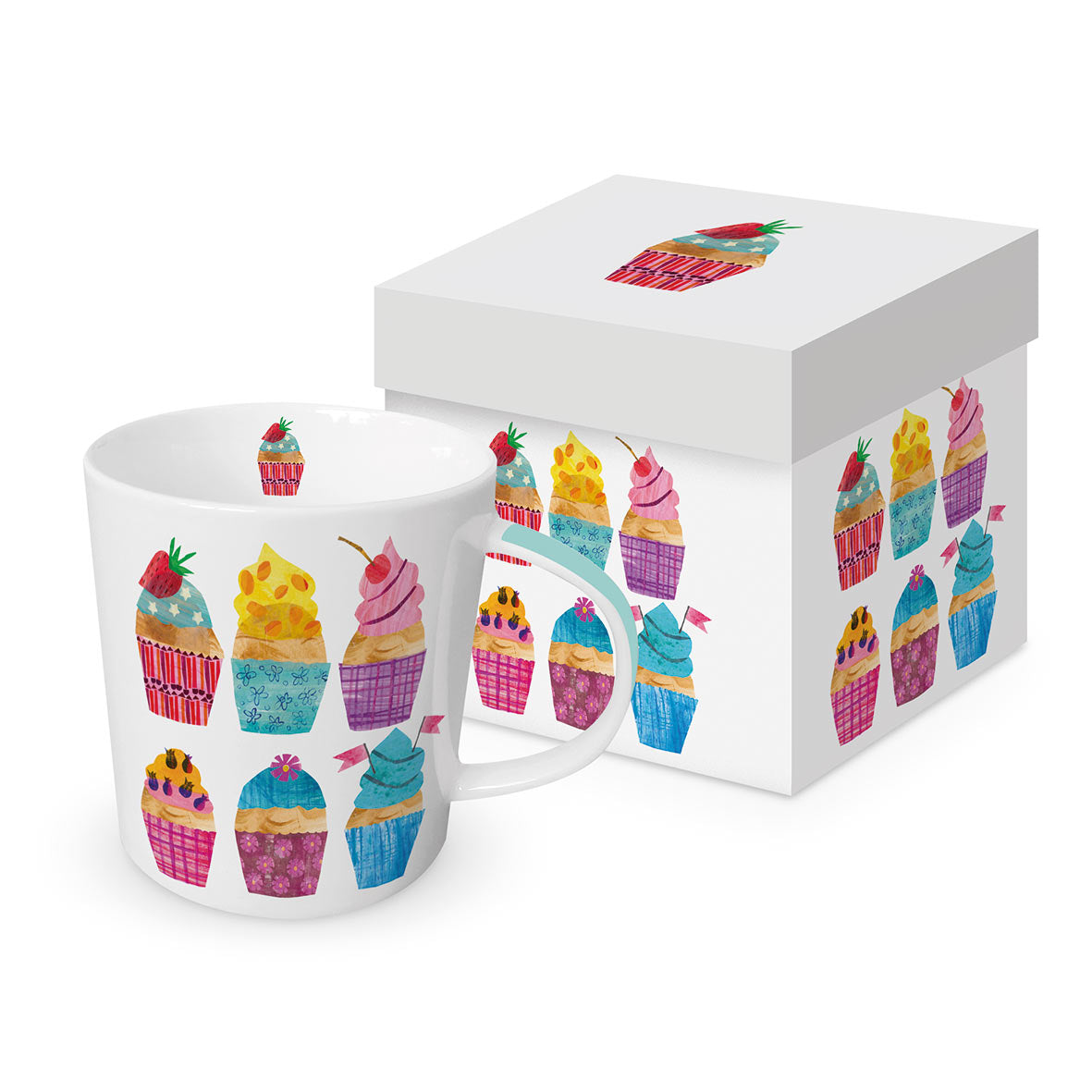 Eine weiße Porzellantasse mit Cupcake-Motiven steht neben einer passenden Geschenkdose.