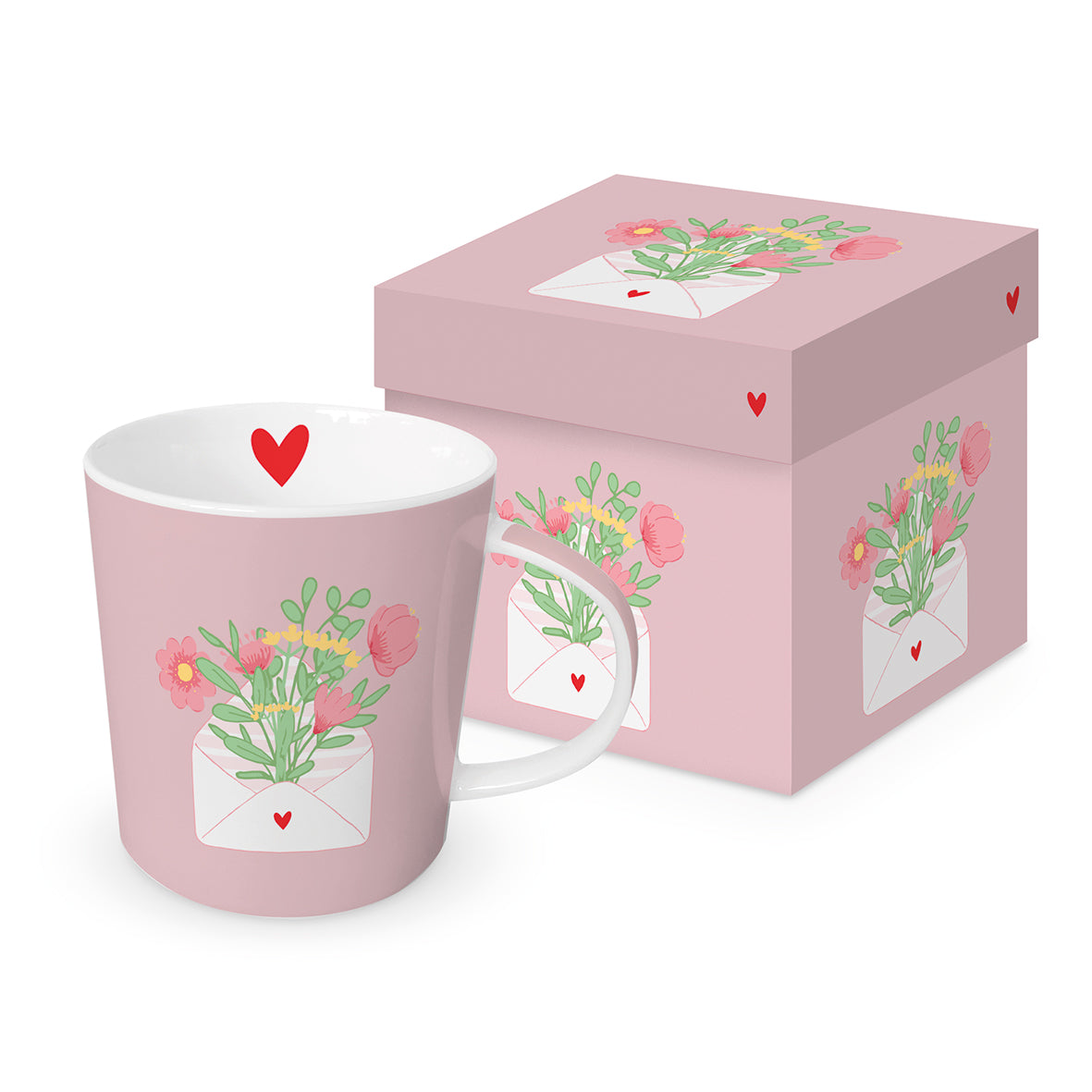 Eine rosafarbene Porzellantasse mit Blumenmotiv und passender Geschenkbox.
