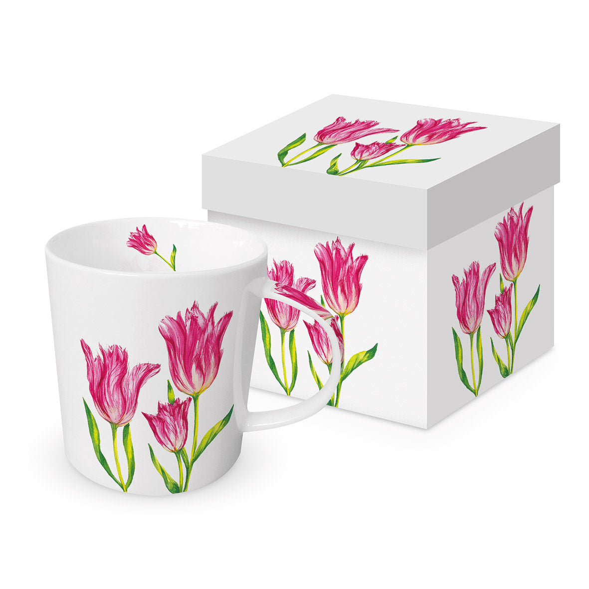 Eine weiße Porzellantasse mit pinkem Tulpenmotiv steht neben einer passenden Geschenkbox.