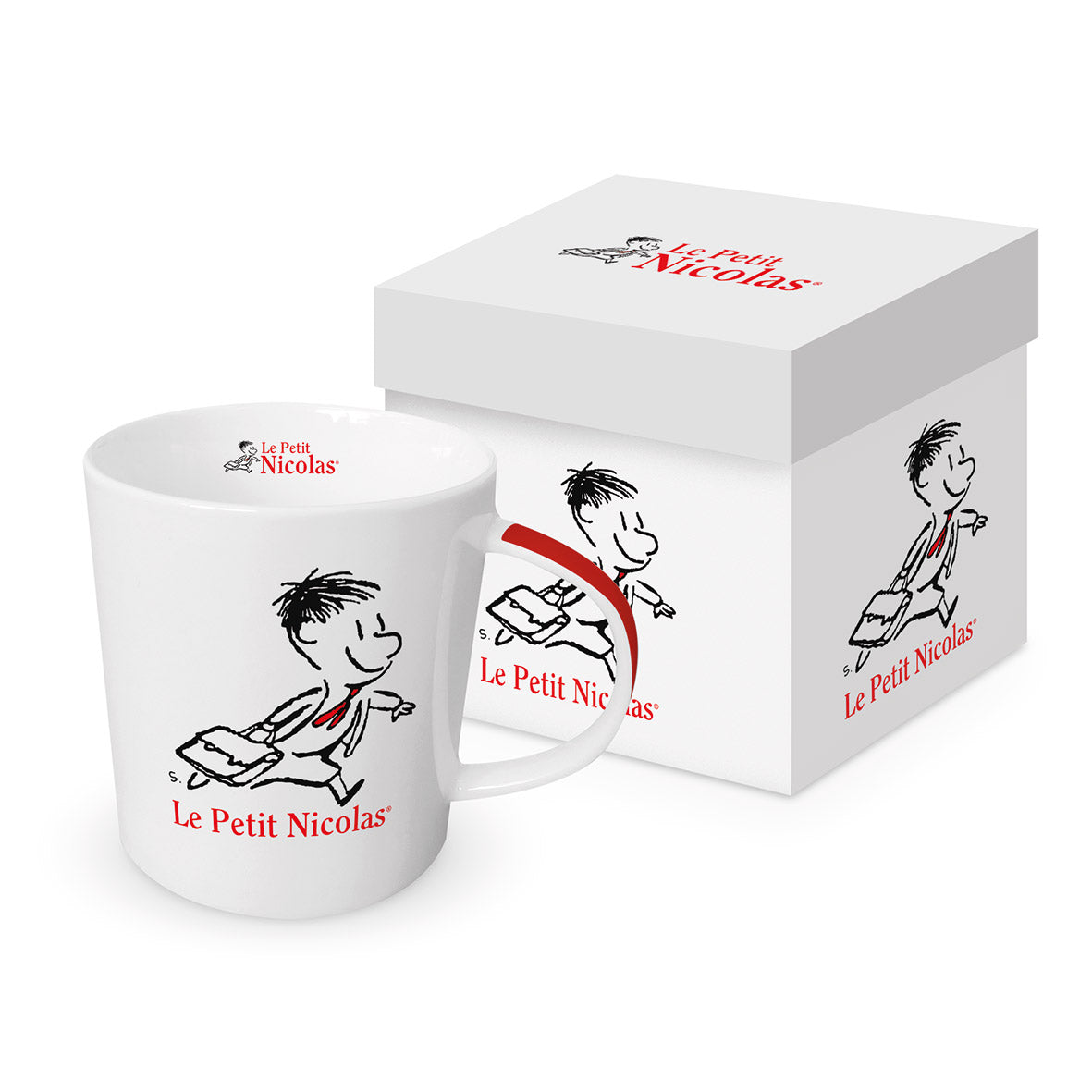Weiße Porzellantasse mit Le Petit Nicolas Motiv in passender Geschenkbox.