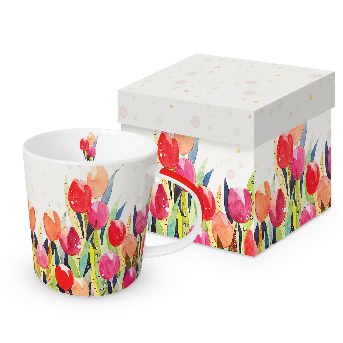 Eine Porzellantasse mit buntem Tulpenmotiv und passender Geschenkdose auf weißem Hintergrund.