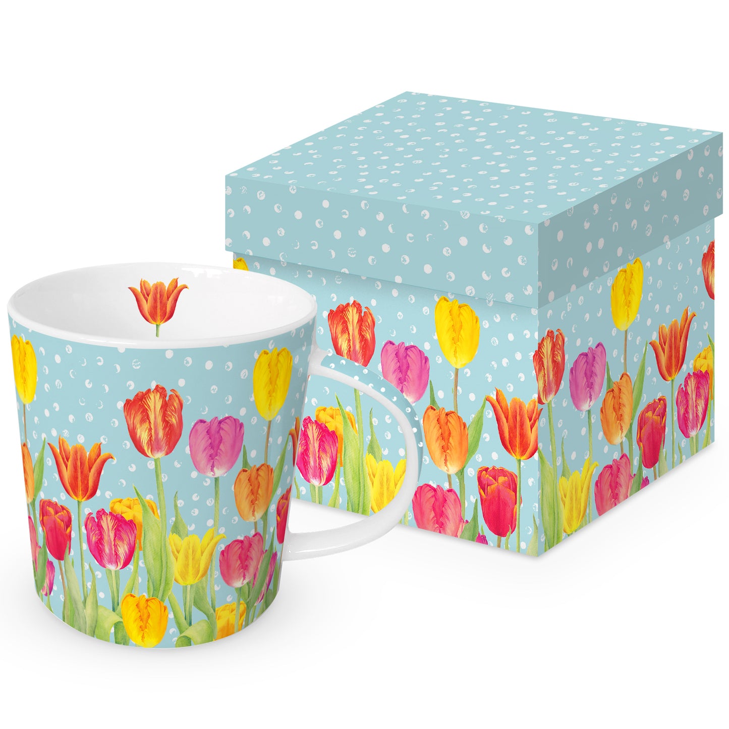 Eine Porzellantasse mit Tulpenmotiv und passender Geschenkdose auf hellblauem, gepunktetem Grund.