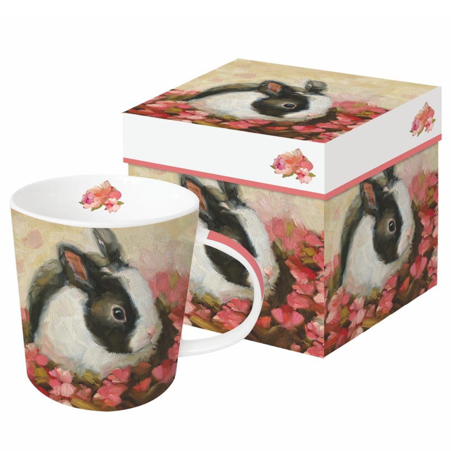 Eine Porzellantasse mit Hasenmotiv und passender Geschenkdose.