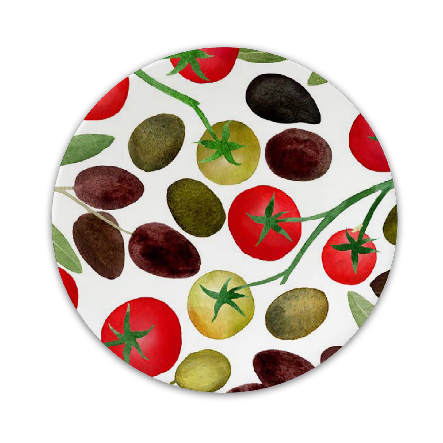 Ein kleiner runder Porzellanteller mit einem Aquarellmuster aus Oliven und Tomaten.