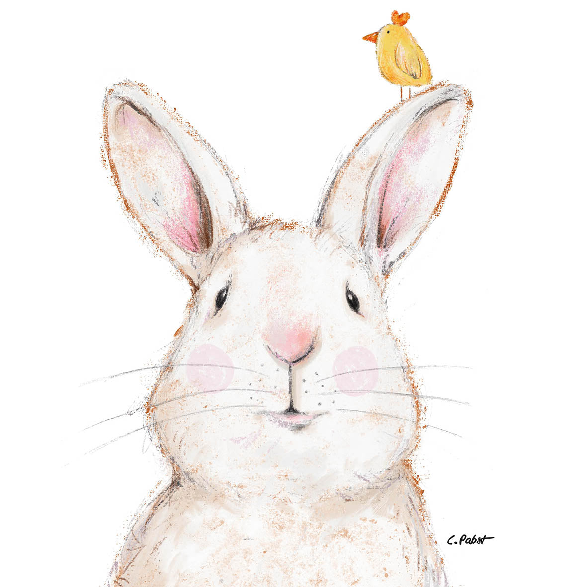 Eine Illustration eines weißen Hasen mit rosa Wangen und einem kleinen gelben Küken auf dem Ohr.
