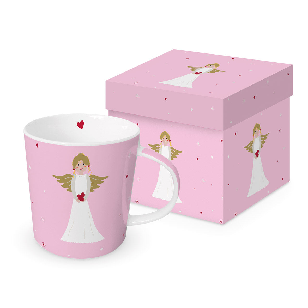 Eine rosa Porzellantasse mit Engelmotiv und passender Geschenkdose.