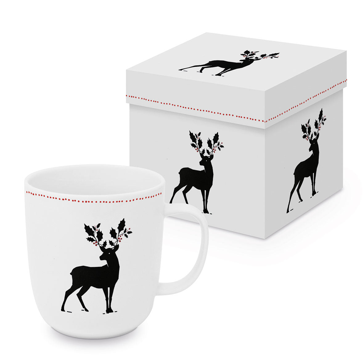 Eine weiße Tasse aus New Bone China mit Hirschmotiv und rotem Punktmuster im passenden Geschenkkarton.