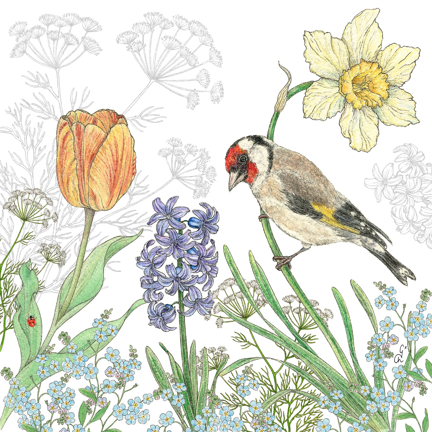 Eine bedruckte Papierserviette mit einem Stieglitz, Tulpen, Hyazinthen und Narzissen.