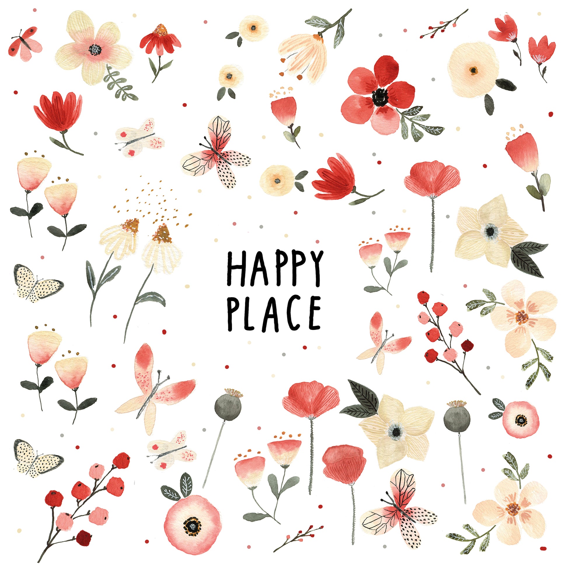 Eine weiße Papierserviette mit einem Aquarellmuster aus Blumen, Schmetterlingen und dem Schriftzug Happy Place.