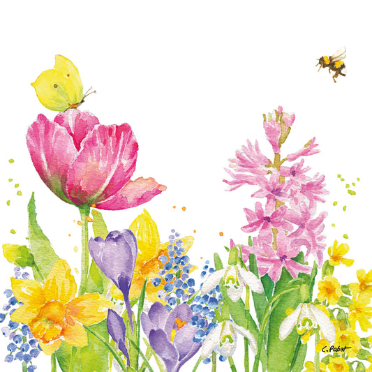 Aquarellillustration von Frühlingsblumen mit einem gelben Schmetterling und einer Biene.