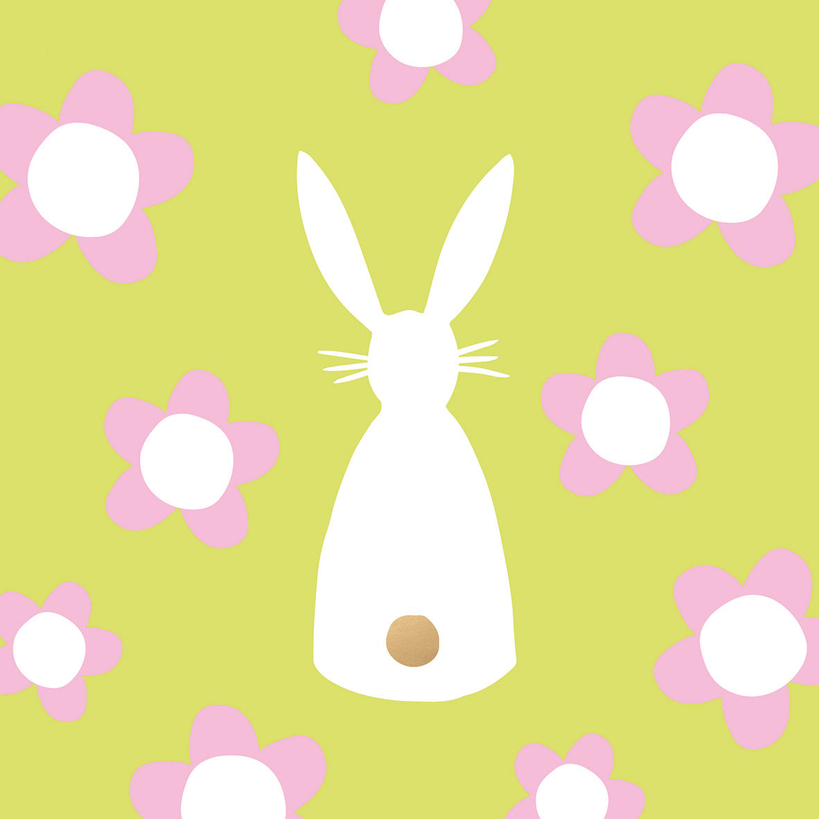 Eine Papierserviette mit einem weißen Hasen und rosa Blumen auf hellgrünem Hintergrund.