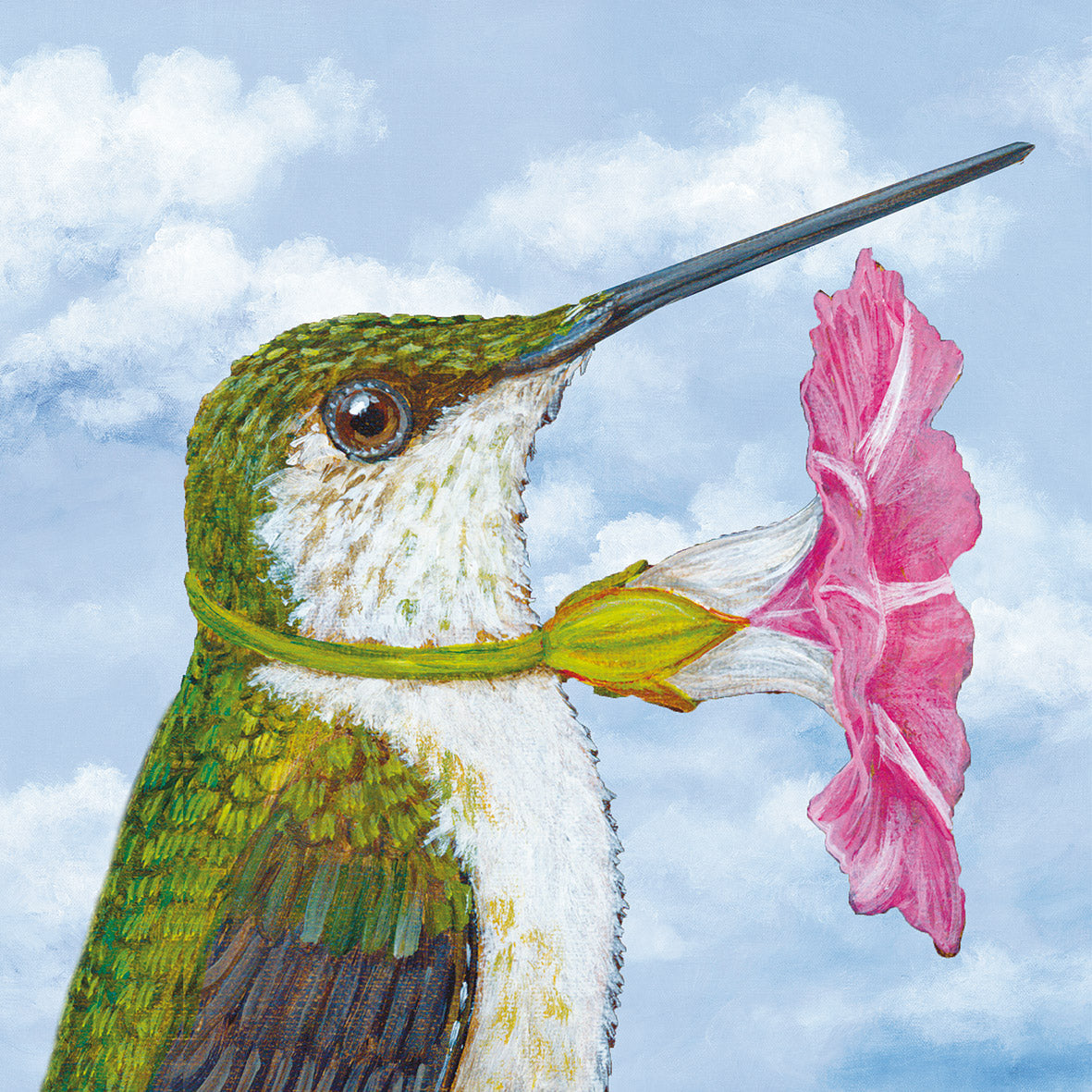 Eine Papierserviette mit dem detailreichen Motiv eines Kolibris vor einem hellblauen Wolkenhimmel.