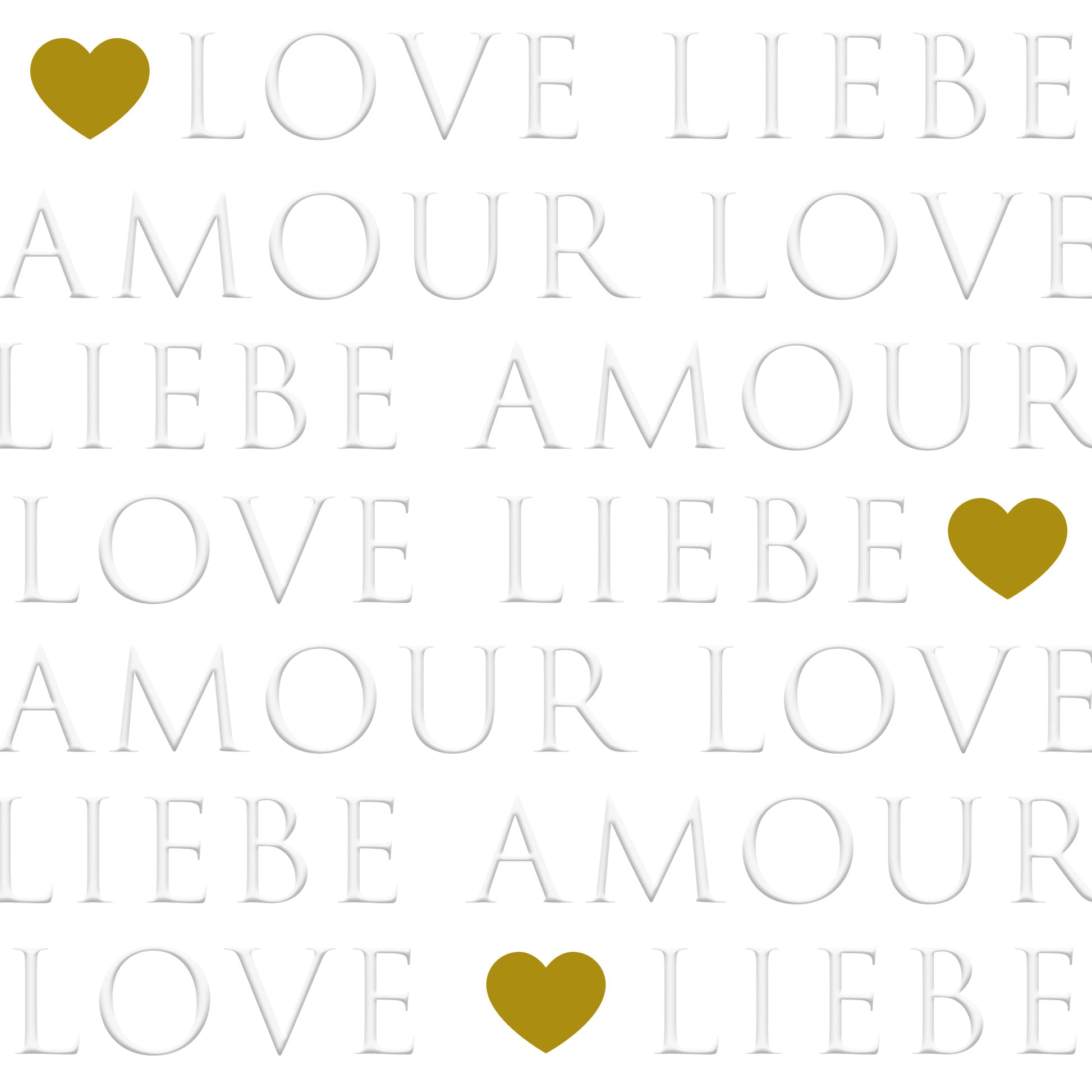 Eine weiße Papierserviette mit einem Muster aus den Wörtern Love, Liebe und Amour sowie goldenen Herzen.
