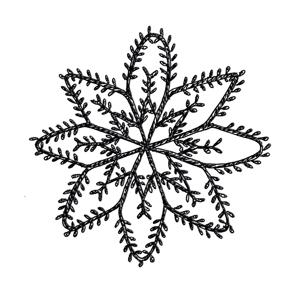 Eine schwarze Papierserviette mit einem geprägten, filigranen Schneeflockenmuster.
