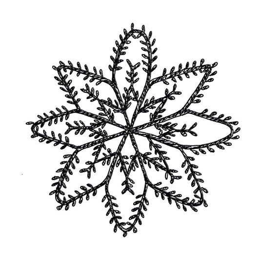 Eine schwarze Papierserviette mit einem geprägten, filigranen Schneeflockenmuster.