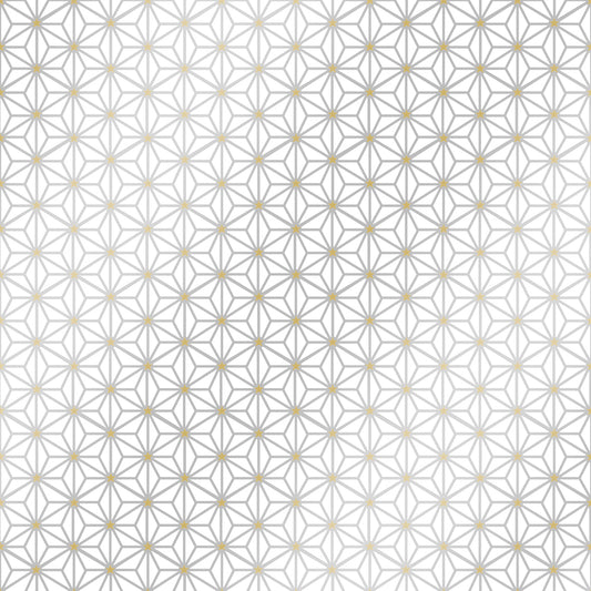 Papierserviette mit einem geometrischen Muster aus grauen Linien und kleinen goldenen Sternen.
