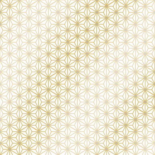 Eine Papierserviette mit einem goldenen, geometrischen Sternmuster auf weißem Hintergrund.