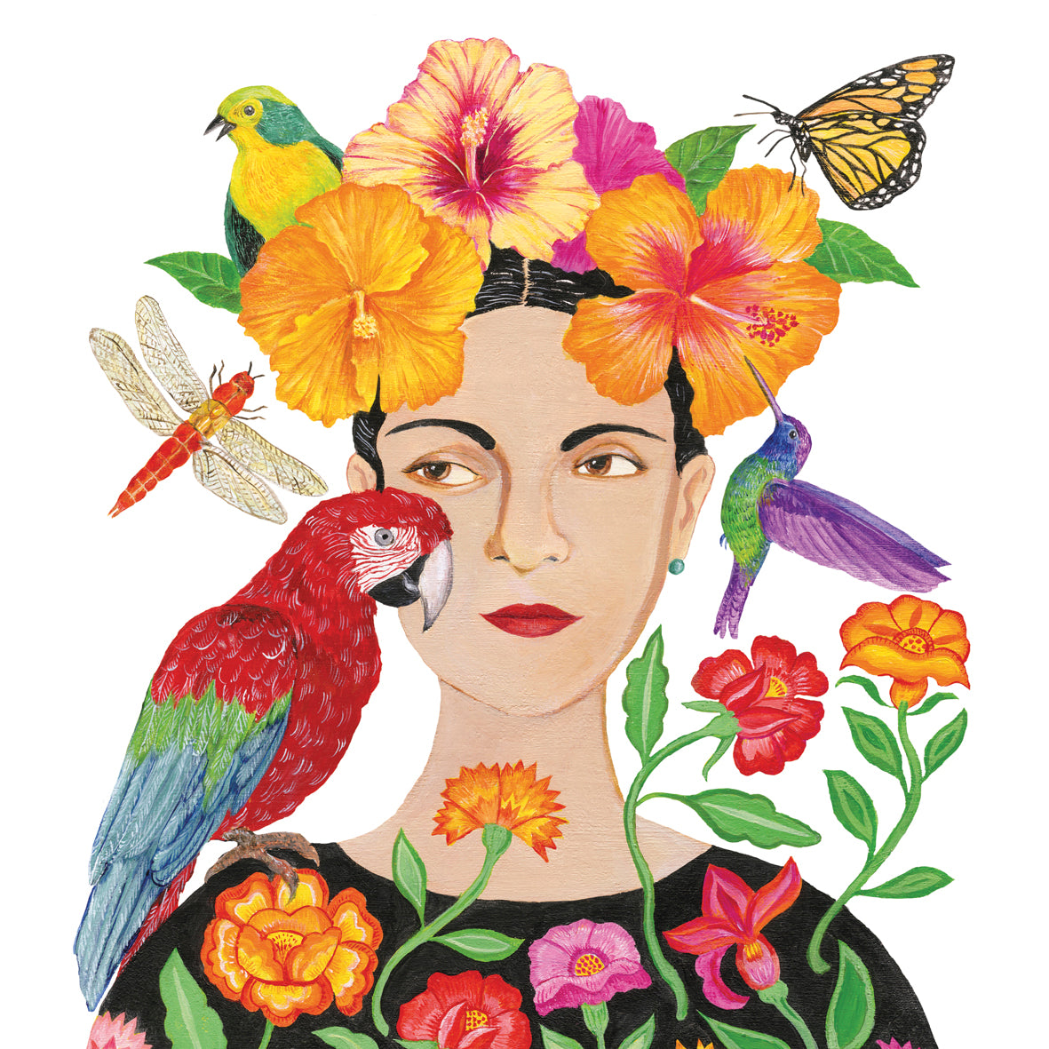 Eine Papierserviette mit einem farbenfrohen Porträt einer Frau, umgeben von Blumen und Vögeln.