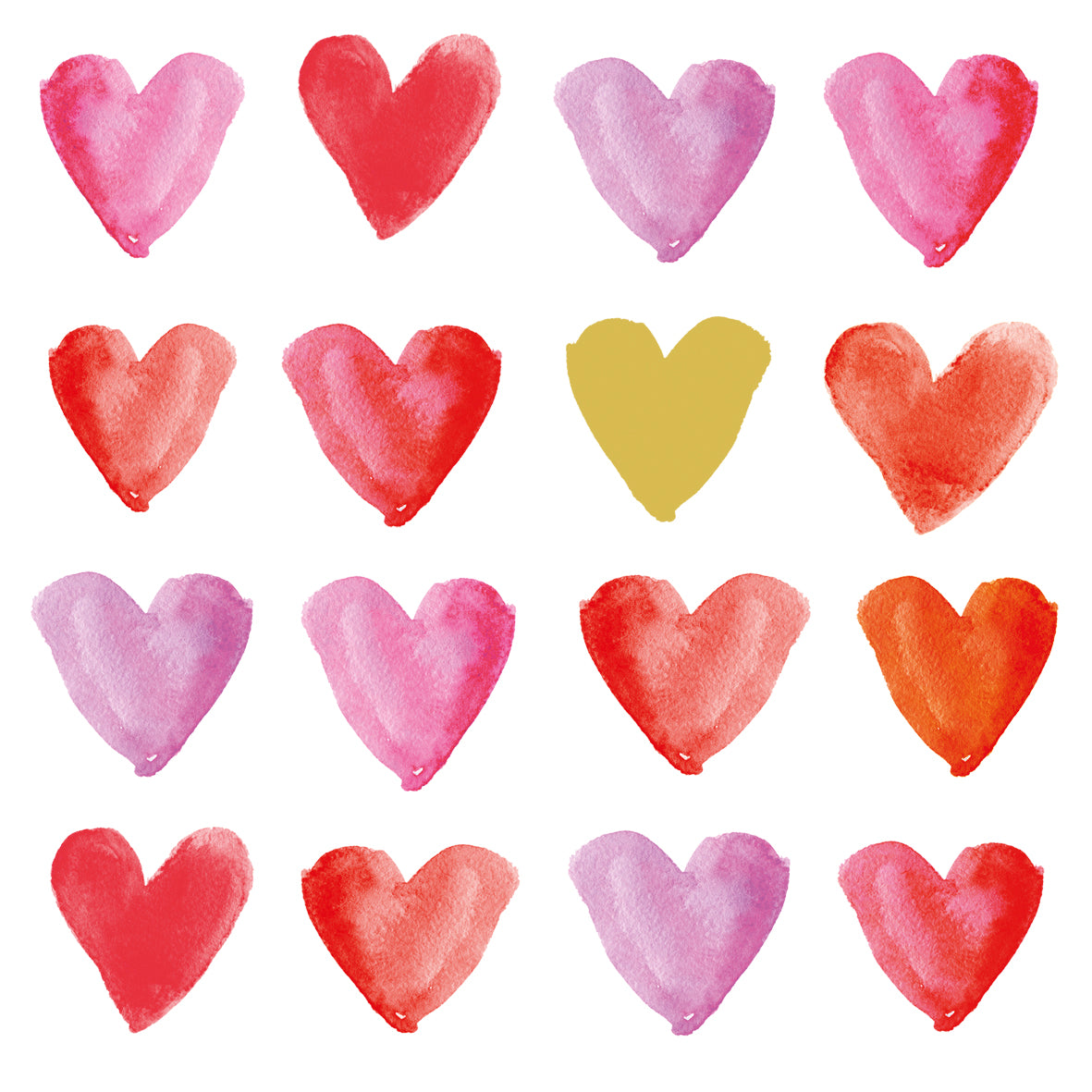 Eine Packung Papierservietten mit einem Muster aus bunten Aquarellherzen auf weißem Hintergrund.