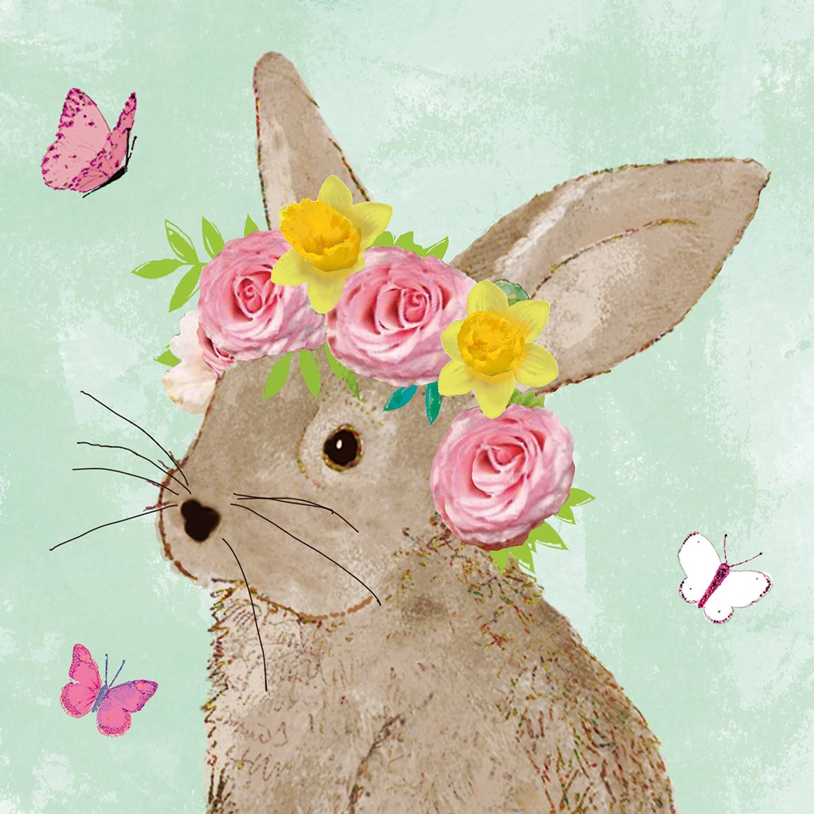Eine Papierserviette mit einem Osterhasen, der einen Blumenkranz trägt und von Schmetterlingen umgeben ist.