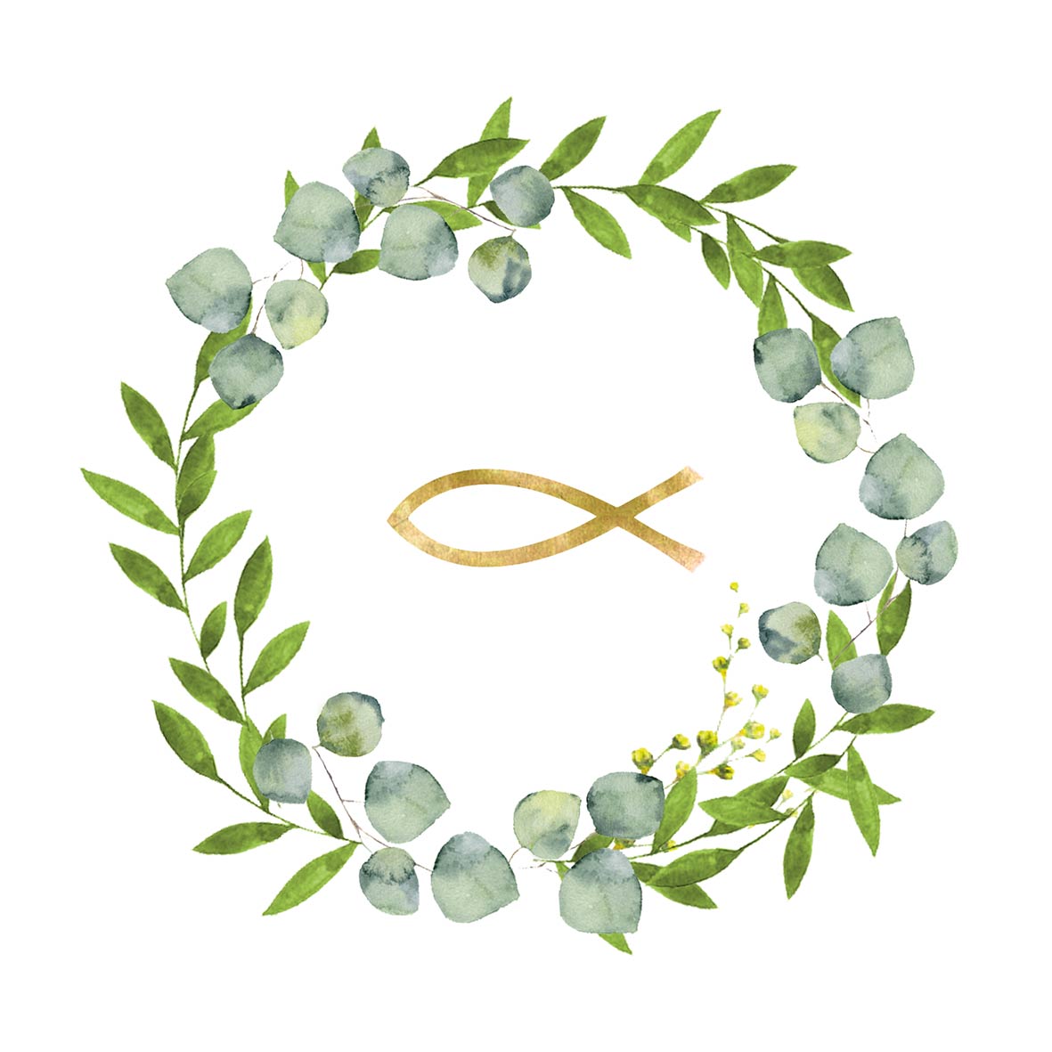 Eine weiße Serviette mit einem Kranz aus grünen Blättern und einem goldenen Fischsymbol in der Mitte.