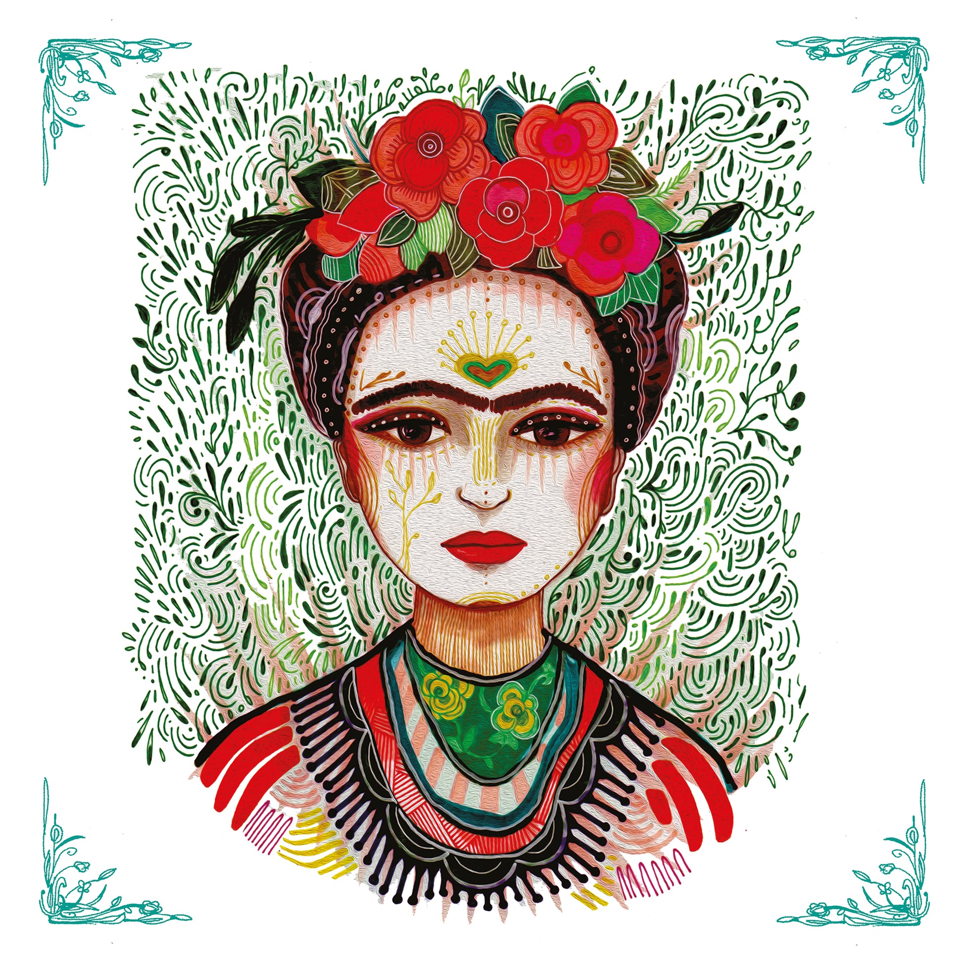 Eine Papierserviette mit einer künstlerischen Illustration von Frida Kahlo und Blumen im Haar.