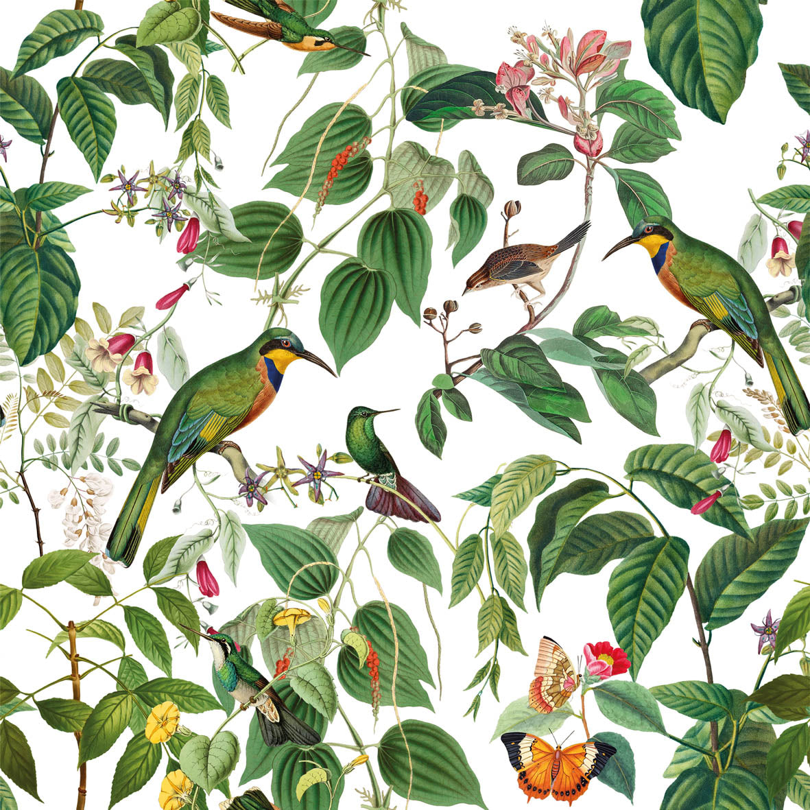Eine Papierserviette mit einem detaillierten botanischen Muster aus Vögeln, Schmetterlingen und Blumen.