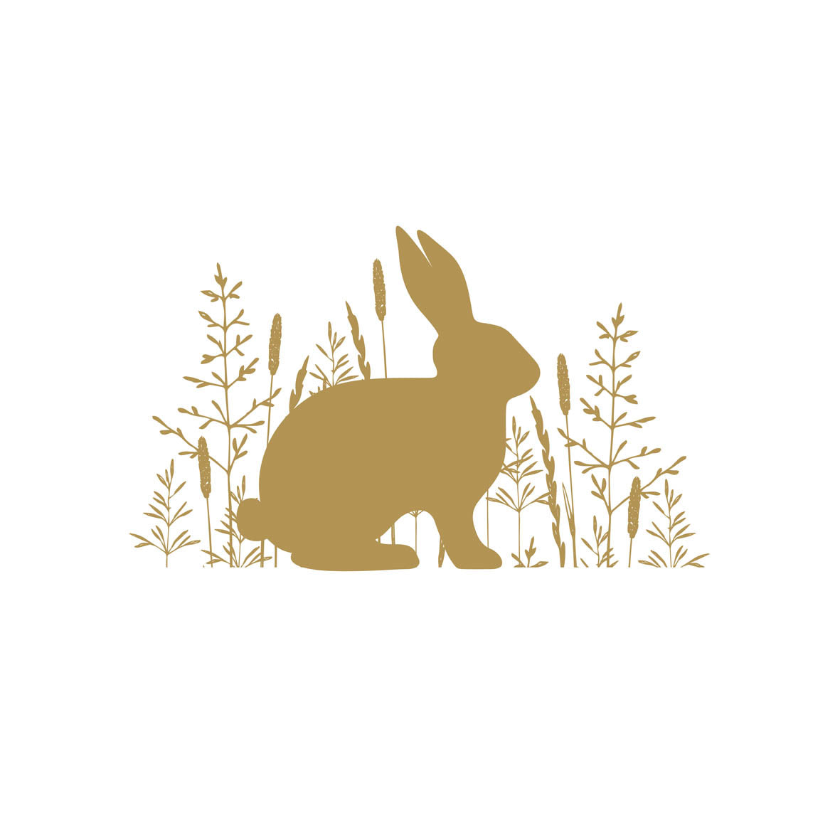 Eine goldene Silhouette eines Hasen umgeben von Gräsern auf weißem Hintergrund.