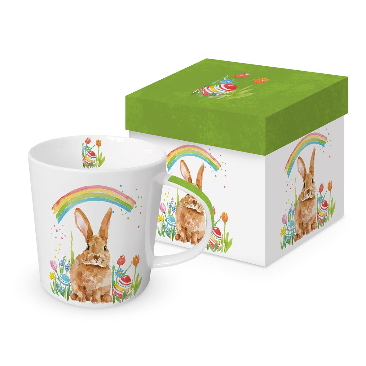 Porzellantasse mit Hasenmotiv, Regenbogen und Ostereiern in passender Geschenkdose.