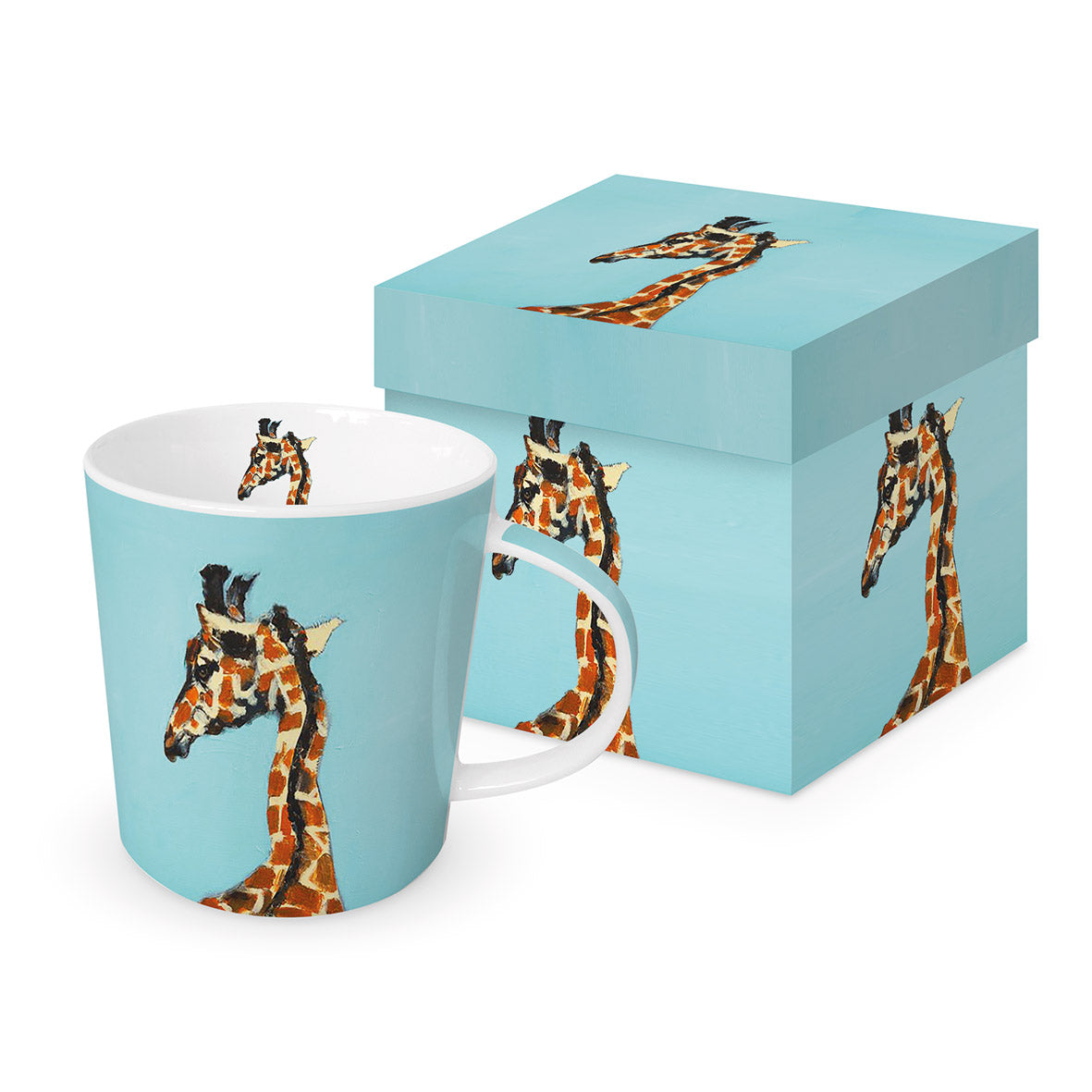 Eine Porzellantasse mit Giraffenmotiv und passender Geschenkdose auf hellblauem Hintergrund.