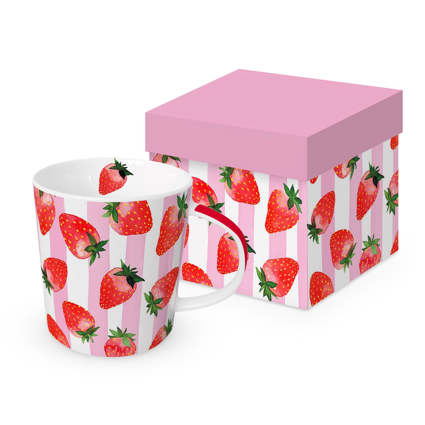 Eine Porzellantasse mit Erdbeermuster und rosa Streifen steht neben einer passenden Geschenkdose.