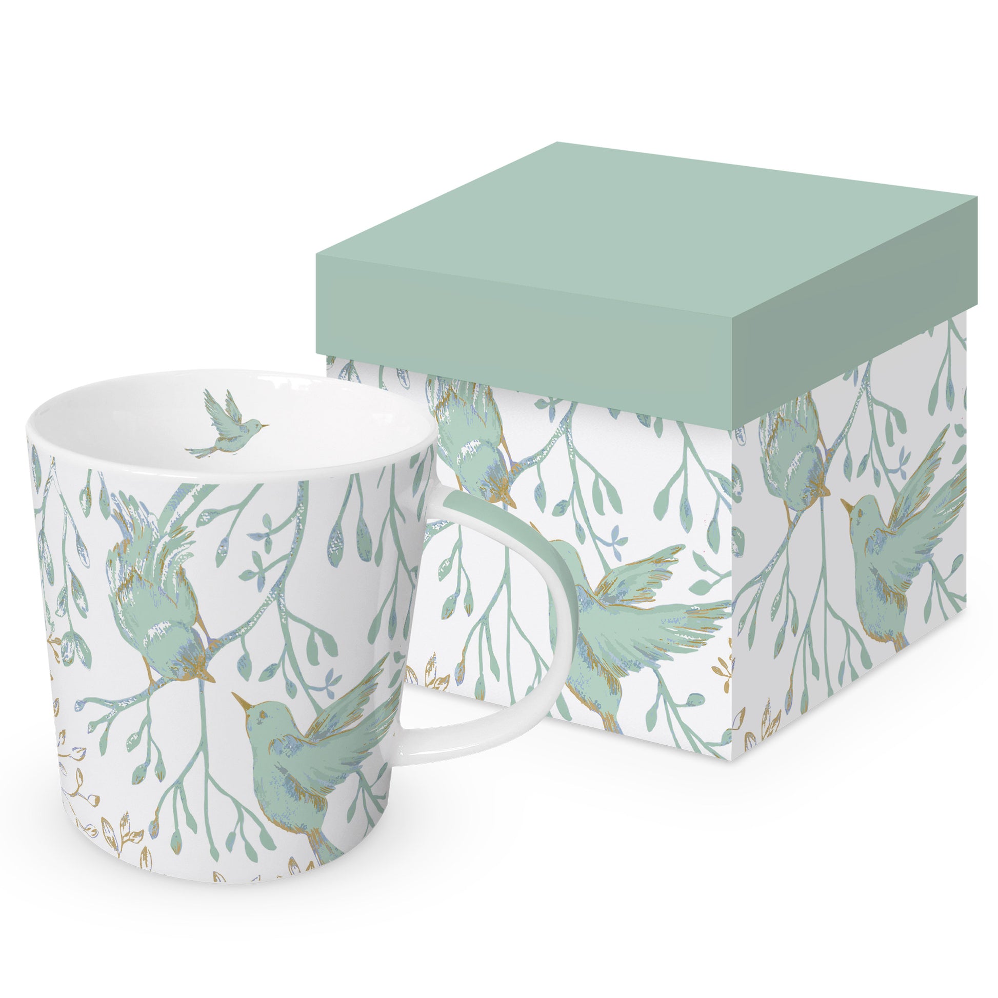Eine Porzellantasse mit blauem Vogel- und Pflanzenmuster neben der passenden Geschenkbox.