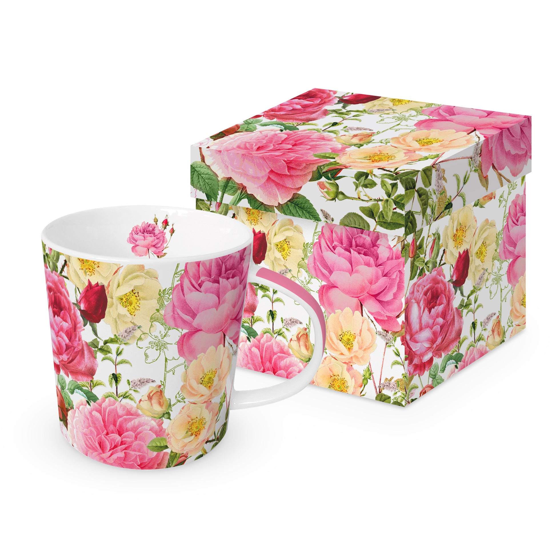 Eine Porzellantasse mit Blumenmuster und passender Geschenkdose im gleichen Design.