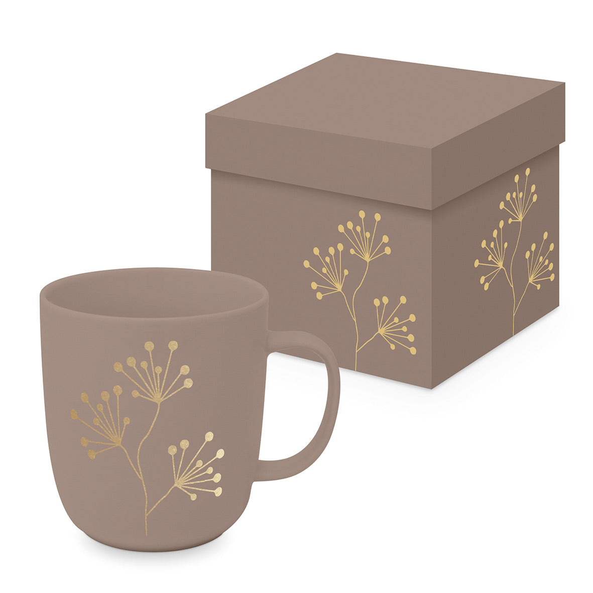 Eine taupefarbene Porzellantasse mit goldenem Beerenmotiv steht neben der passenden Geschenkdose.