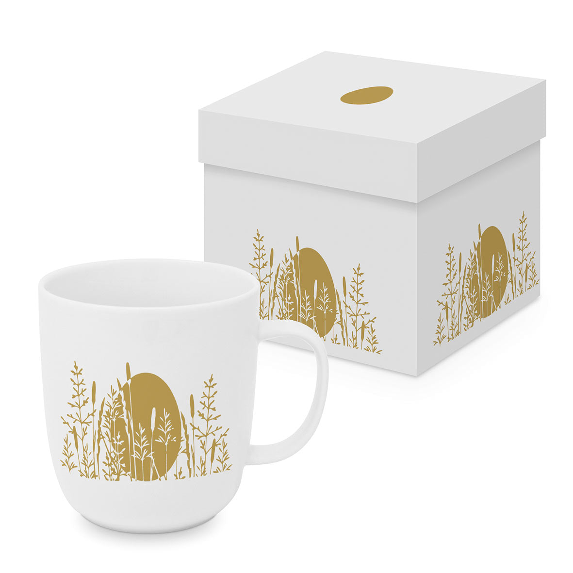 Eine weiße Porzellantasse mit goldenem Osterei- und Gräsermotiv neben einer passenden Geschenkdose.