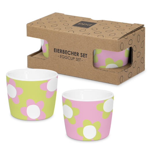 Zwei Eierbecher aus New Bone China mit buntem Blumenmuster in einer passenden Geschenkbox.