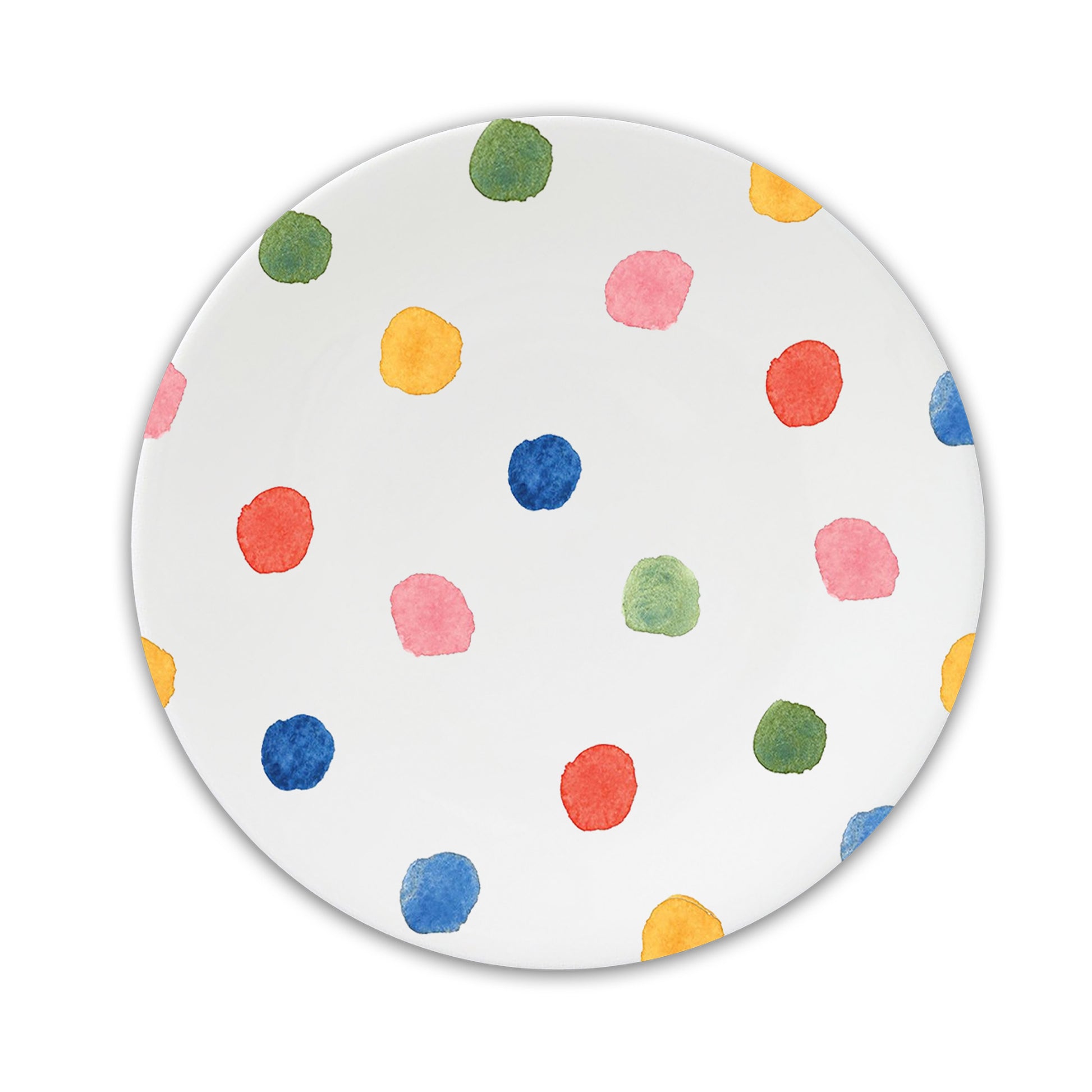 Kleiner weißer Teller aus Bone-China-Porzellan mit bunten, aquarellartigen Punkten.