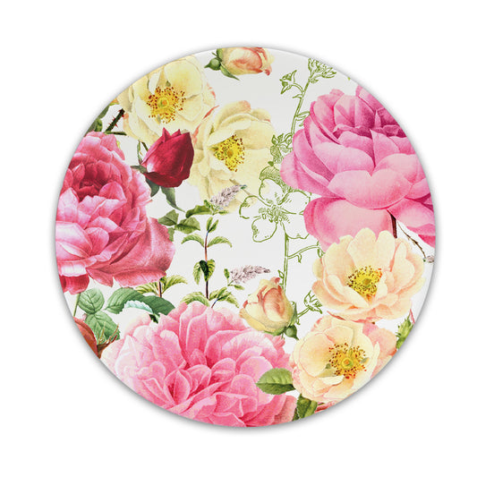 Kleiner runder Porzellanteller mit einem floralen Muster aus rosa und gelben Rosen.