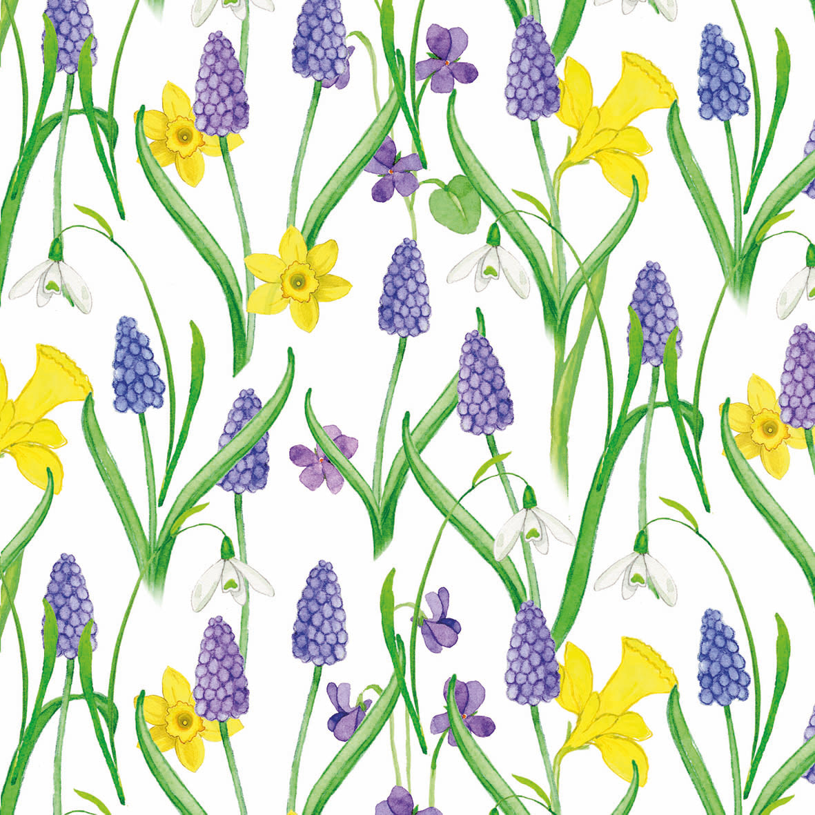 Papierserviette mit einem frühlingshaften Muster aus gelben Narzissen, blauen Traubenhyazinthen und Veilchen.