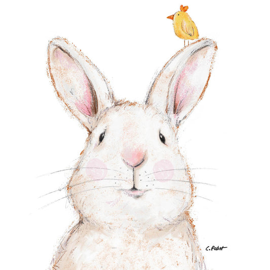 Eine Illustration eines weißen Hasen mit rosa Wangen und einem kleinen gelben Küken auf dem Ohr.
