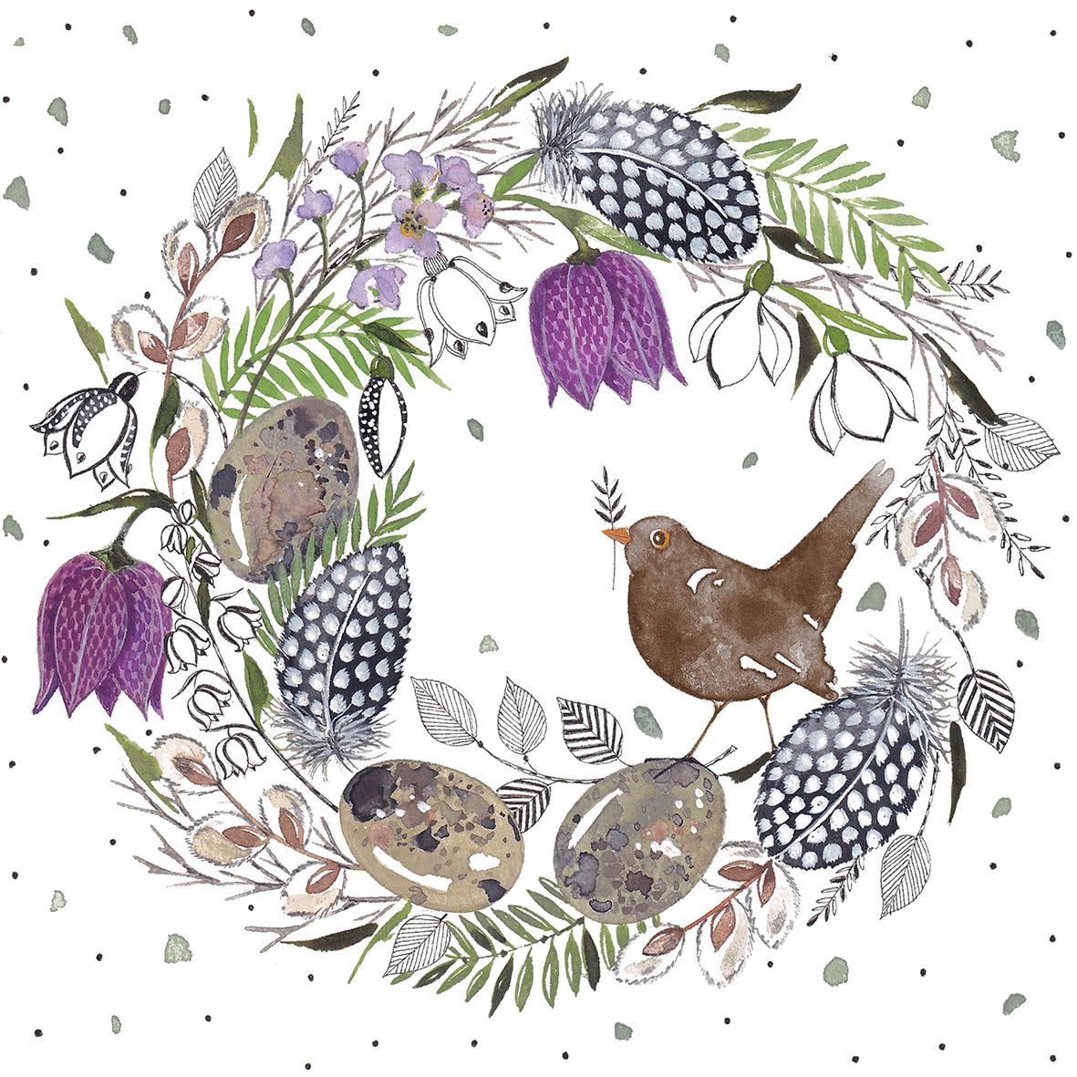 Eine Papierserviette mit einem Kranz aus Federn, Eiern, Blumen und einem kleinen Vogel.