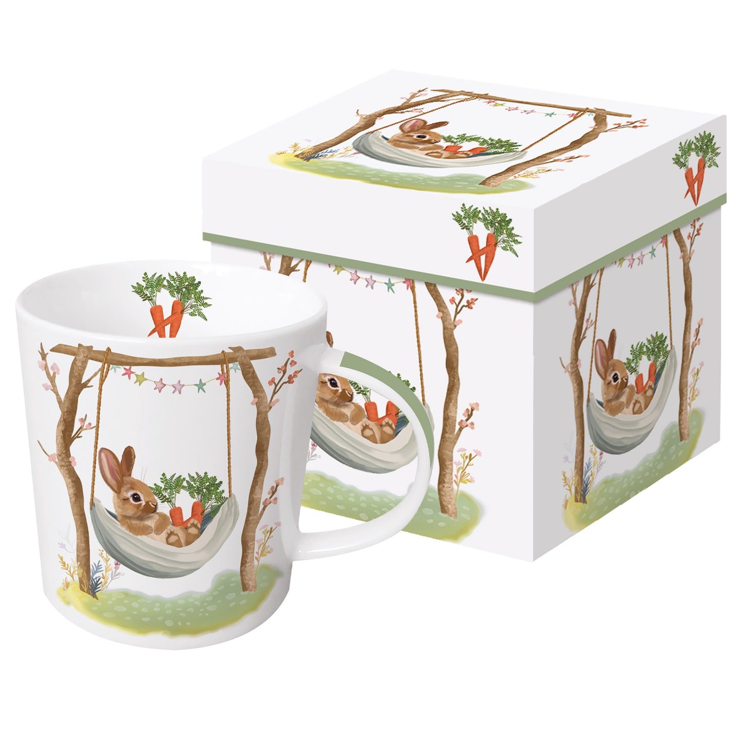 Eine weiße Porzellantasse mit Hasenmotiv in einer passenden Geschenkdose.